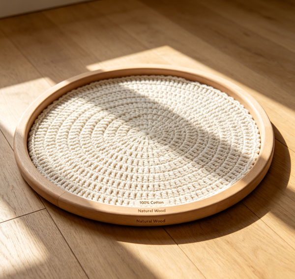 Round Knitted Cotton Play Mat with Natural Wooden Edge Ring